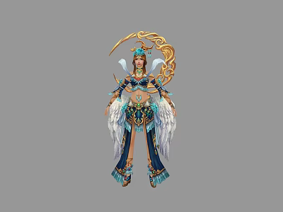 Game Fantasy Character In Ornate Blue And Gold Costume With White Wings And Golden Halo 3d model