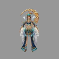 Game Fantasy Character In Ornate Blue And Gold Costume With White Wings And Golden Halo