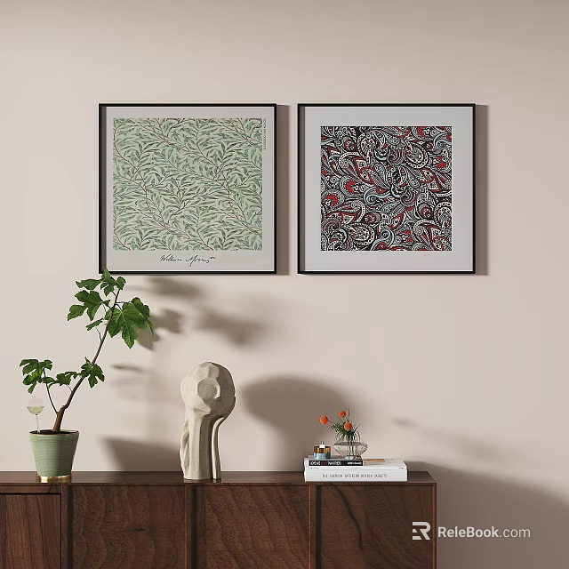 Framed Art Prints Wall Decor with Potted Plant Sculpture and Wooden Shelf Items 3d model 