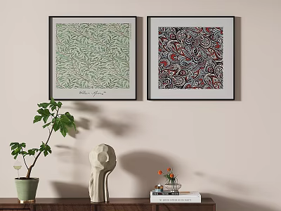 Framed Art Prints Wall Decor with Potted Plant Sculpture and Wooden Shelf Items 3d model