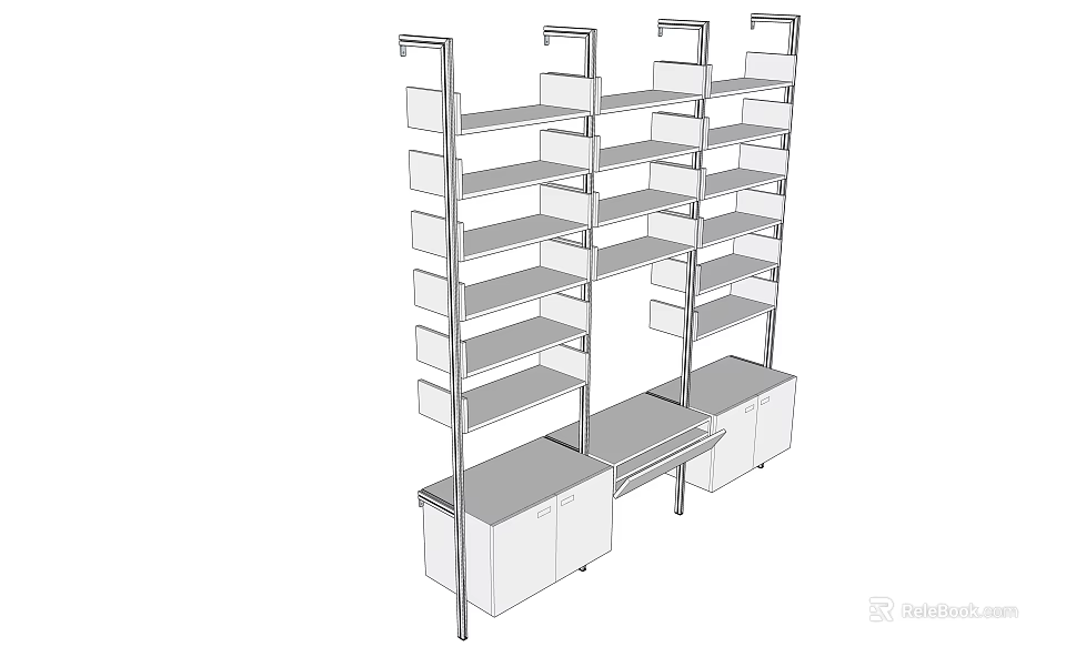 Modern Bookcase With Multiple Open Shelves And Bottom Storage Cabinets Design 3d model