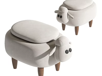 Cute Sheep Shaped Stools With White Upholstery And Wooden Legs Design 3d model