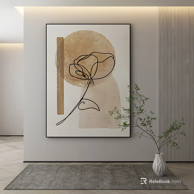 Minimalist Wall Art Featuring Line Drawn Flower Circular And Rectangular Shapes With White Vase 3d model