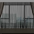 Beige Curtains With Brown Trim And White Sheer For Floor To Ceiling Windows City View