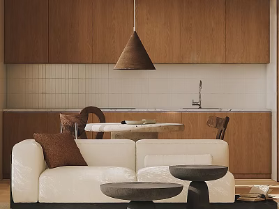 Modern Living Area With Light Colored Multi-seater Sofa Wooden Cabinets Pendant Light And Side Tables 3d model