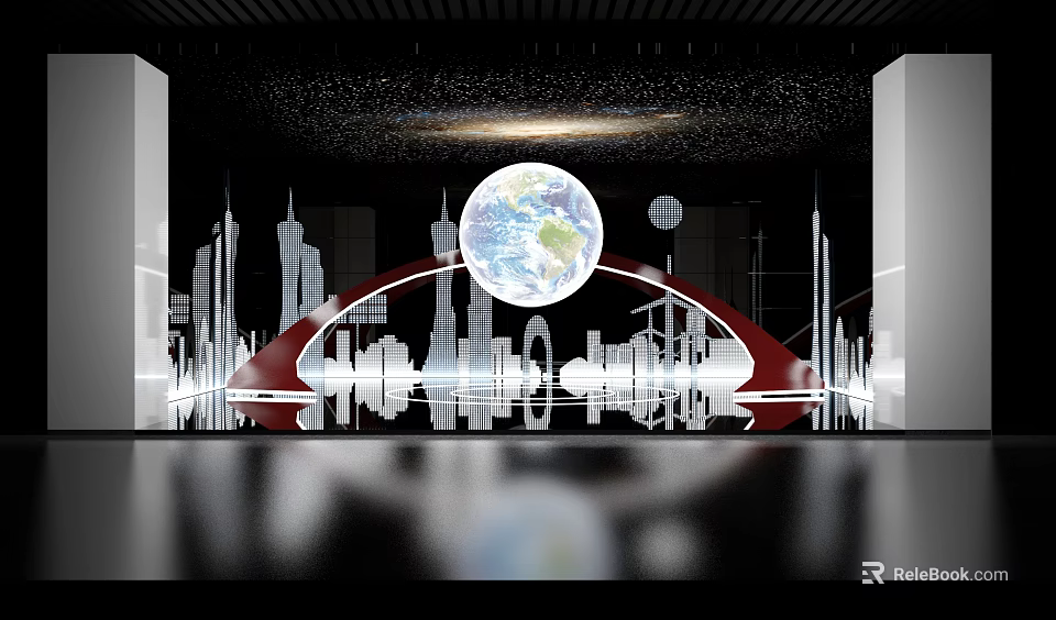 Starry Sky Background With Earth Globe City Silhouette And Arch Bridge 3d model 