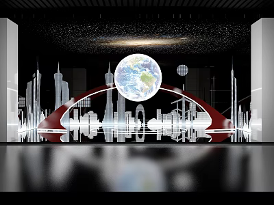 Starry Sky Background With Earth Globe City Silhouette And Arch Bridge 3d model