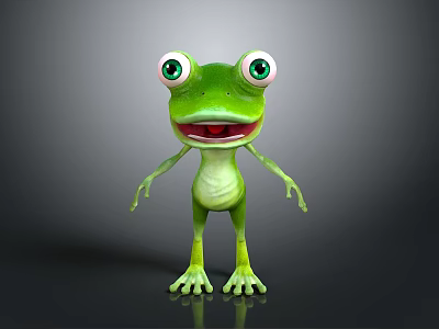 Cartoon Green Reptile Character With Big Eyes Open Mouth And Standing Pose On Gray Background 3d model