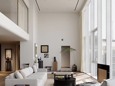 Modern Duplex Living Room With High Ceiling Large Windows White Sofa And Black Coffee Table 3d model