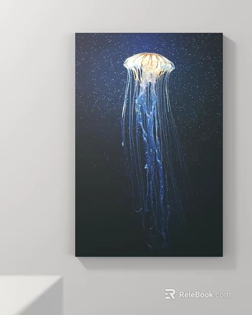 Deep Sea Glowing Jellyfish With Long Blue Tentacles In Dark Starry Background 3d model 