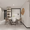 Modern Dining and Living Room Interior with Gray Walls Round Backlit Mirror and White Cabinets