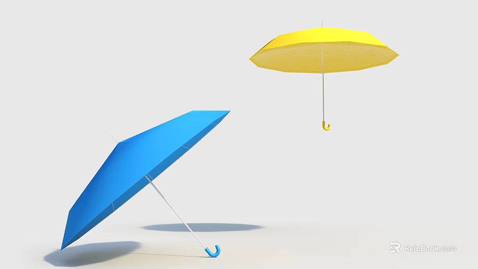 Two Open Blue And Yellow Umbrellas Showing Shadows On Light Colored Background 3d model 