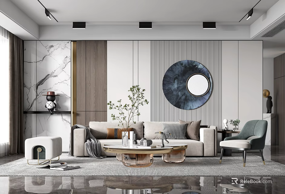 Modern Living Room Interior Design With Circular Mirror Sofa Coffee Table Plant And Wooden Accents 3d model 