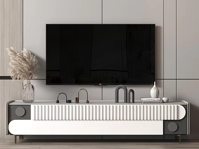 Modern Stylish TV Stand With Large Screen TV Decorative Vase And Small Decor Items 3d model