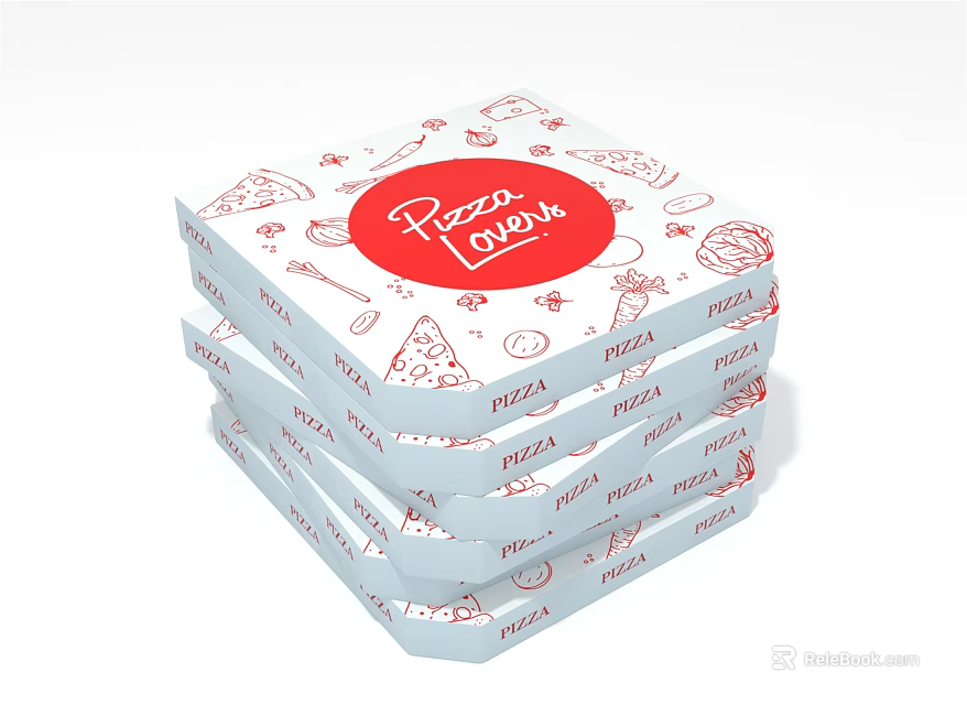 Ornament Decoration Set With Stacked Pizza Boxes Red Pizza Lovers Logo And Patterns 3d model 