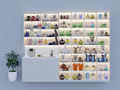 Display Shelf With Various Plush Toys Illuminated Next To White Cabinet And Potted Plant 3d model