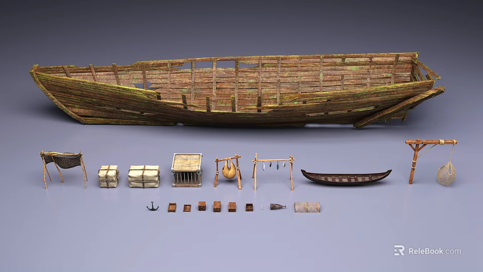 Vintage Industrial Equipment Collection Featuring Wooden Boat Crates Small Boat and Tools 3d model 