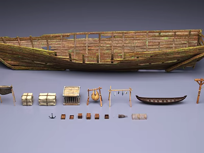 Vintage Industrial Equipment Collection Featuring Wooden Boat Crates Small Boat and Tools 3d model