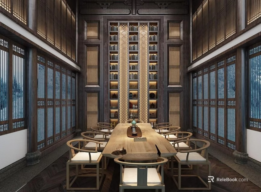 Traditional Chinese Tea House Interior Design With Wooden Long Table Chairs And Bookshelves 3d model 