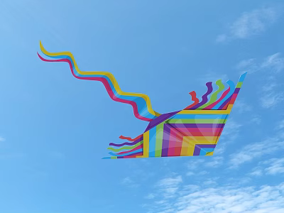 Colorful Striped Kite Flying High In Blue Sky With White Clouds 3d model