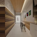 Japanese Restaurant Interior With Bar Counter Stools Food Display And Wooden Lighting