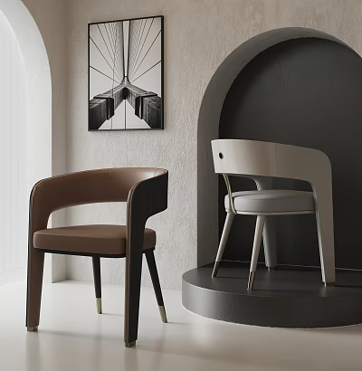 Modern Armchair Design With Brown Leather And White Leather In Arched Interior With Wall Artwork 3d model
