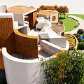 Modern Cultural Center Building With Outdoor Garden Wooden Railings And Yellow Flowers