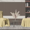 Yellow Slipcovered Leisure Chairs With Pampas Grass On Side Table Striped Wall And Bookshelf