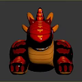 Vibrant Red Orange 3D Modeled Dragon Like Creature With Horns Purple Eyes And Striped Body
