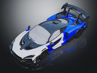 Blue White And Black Racing Car With Streamlined Body Large Rear Wing And Aerodynamic Design 3d model