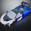 Blue White And Black Racing Car With Streamlined Body Large Rear Wing And Aerodynamic Design