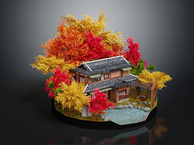 Cartoon Traditional Japanese House Scene With Colorful Autumn Leaves Small Pond And Stone Path 3d model