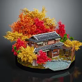 Cartoon Traditional Japanese House Scene With Colorful Autumn Leaves Small Pond And Stone Path
