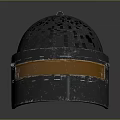 Tactical Metallic Helmet With Orange Visor And Worn Surface Texture Design