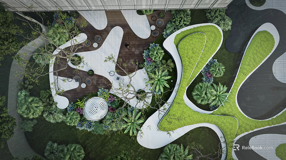Modern Garden Landscape Design With Curved Pathways Green Lawns And Diverse Plants 3d model 
