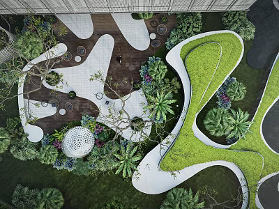 Modern Garden Landscape Design With Curved Pathways Green Lawns And Diverse Plants 3d model
