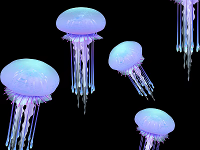 Glowing Blue And Purple Jellyfish With Long Delicate Tentacles Floating In Water 3d model