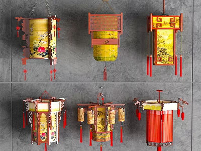 Chinese Traditional Chandeliers With Floral Patterns Red Tassels And Bamboo Frames 3d model