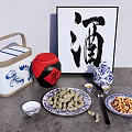 Traditional Chinese Snacks Display with Nuts Peanuts Ceramic Containers and Calligraphy Art 3d model