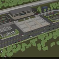Modern Plaza Landscape With Station Building Parking Area Pedestrians Vehicles And Green Trees