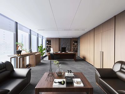 Modern Office Interior Design With Large Windows Wooden Cabinets Black Leather Sofas And Green Plants 3d model