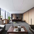 Modern Office Interior Design With Large Windows Wooden Cabinets Black Leather Sofas And Green Plants