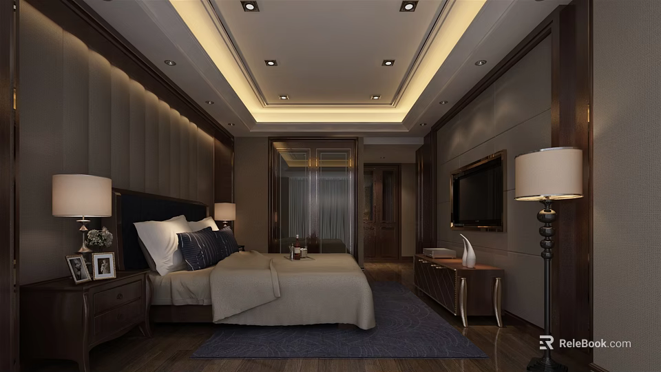 Modern Hotel Room Interior Design With Bed Nightstands TV And Decorative Rug 3d model 