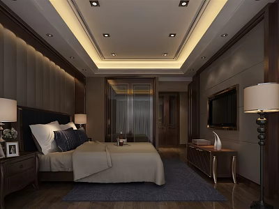 Modern Hotel Room Interior Design With Bed Nightstands TV And Decorative Rug 3d model