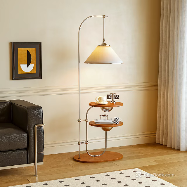 Contemporary Floor Lamp With Wooden Tray Base And Black Leather Sofa In Living Room 3d model 