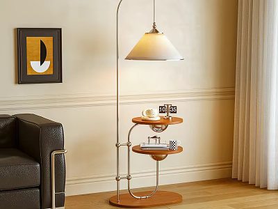 Contemporary Floor Lamp With Wooden Tray Base And Black Leather Sofa In Living Room 3d model