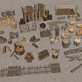 Stone And Wood Craft Items Collection With Logs Stumps Tools And Fences