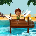 Cartoon Beach Scene Boy Jumping On Wooden Bridge With Palm Trees Sun Seagulls Welcome Sign