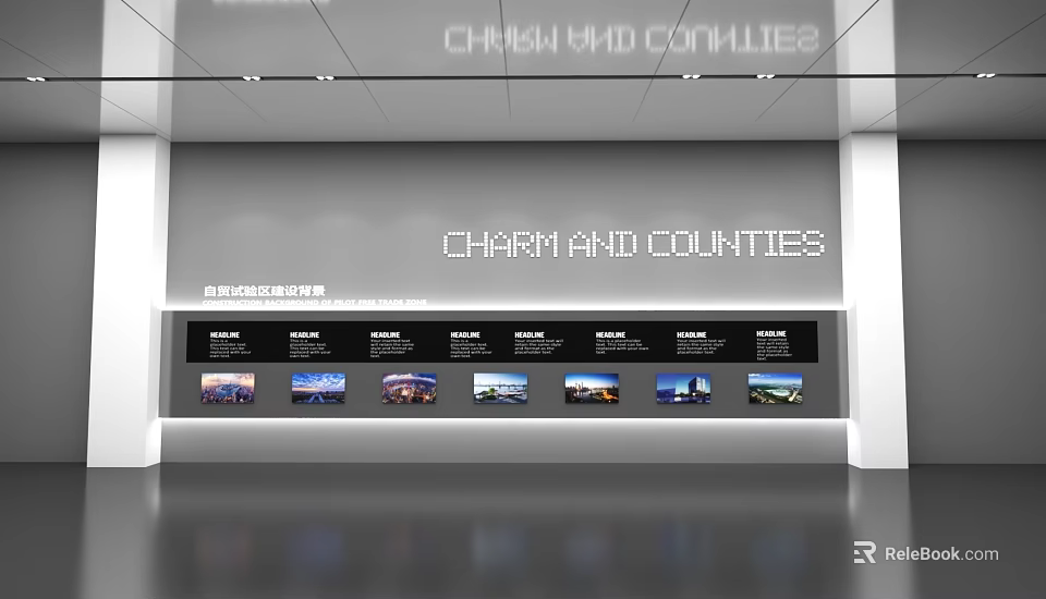 Charm and Counties Architecture Display Wall With Various Exhibition Images In Modern Interior 3d model 