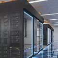 Data Center Room With Glass Server Cabinets Blue LED Lights Raised Floor And Orange Equipment
